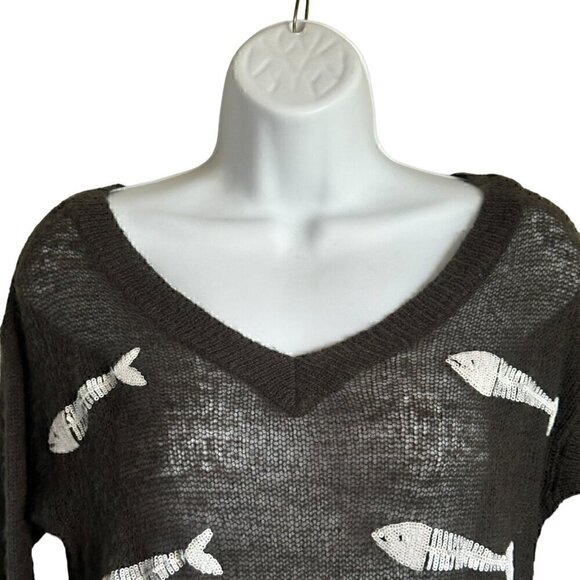 EUC - Wildfox Dinner V-Neck Sweater Sequin Fish in Gray - Size XS - Picture 3 of 9